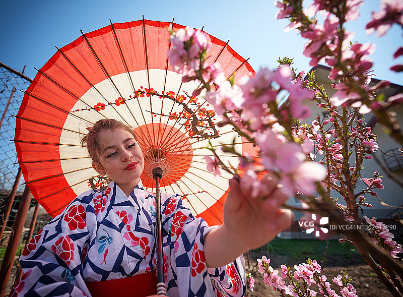 一位穿着传统日式休闲和服的美丽女孩在樱花树下图片素材