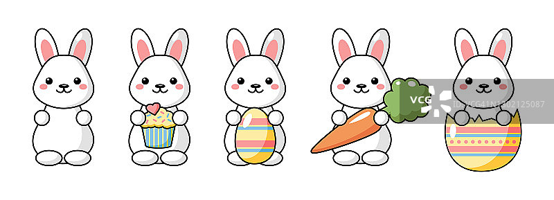 可爱的复活节兔子卡通形象，含彩蛋、胡萝卜、蛋糕图片素材