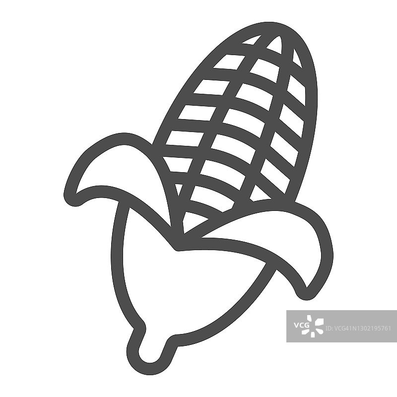 玉米线性图标，感恩节概念，白色背景上的玉米棒标志，用于移动概念和网页设计的轮廓风格玉米符号图标。矢量图形图片素材