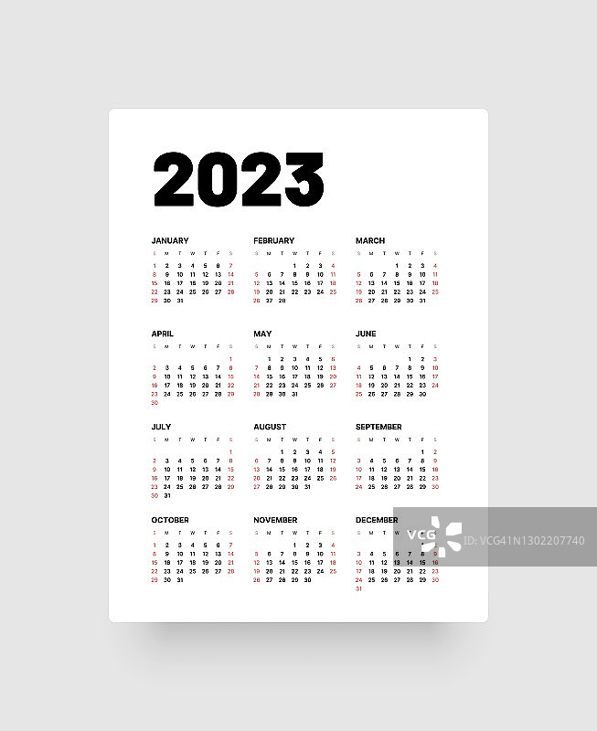 2023年月度日历，星期日为每周开始图片素材