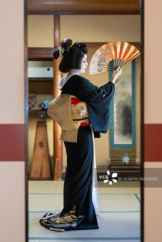 身穿金色和服、在榻榻米房间里持扇舞蹈的日本艺伎图片素材