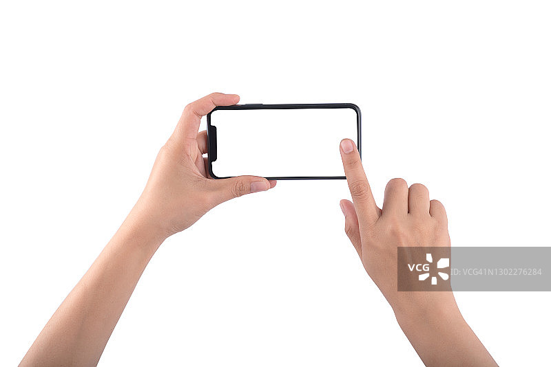 手持手机触摸屏幕，白色背景图片素材