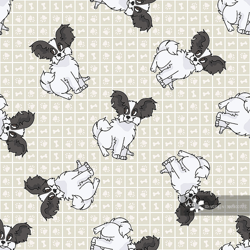 可爱卡通蝴蝶犬坐姿矢量剪贴画，用于服从训练的纯种犬舍犬种，用于犬展插图吉祥物的纯种家养幼犬，孤立的犬类狩猎犬种图片素材