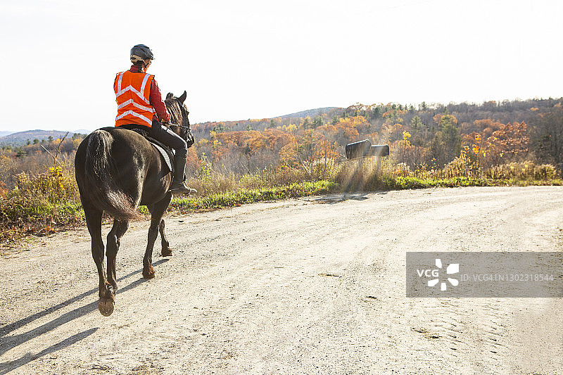 女骑师在逆光泥土车道上骑着黑色骏马，山坡上落满了树叶。图片素材