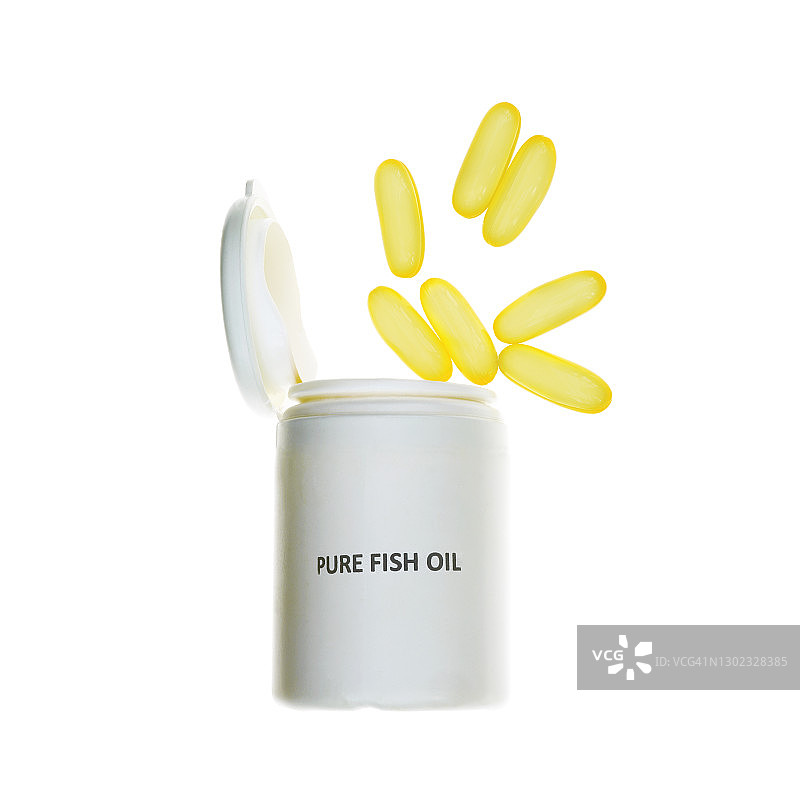 从塑料药瓶中跳出的鱼油胶囊图片素材
