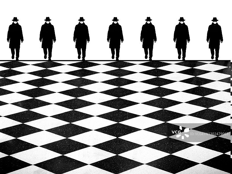 合成图：戴口罩的男人走过地板图片素材