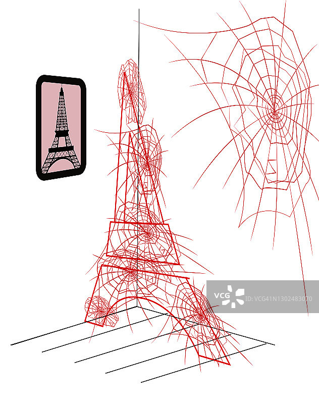 蜘蛛网构成的埃菲尔铁塔插画图片素材