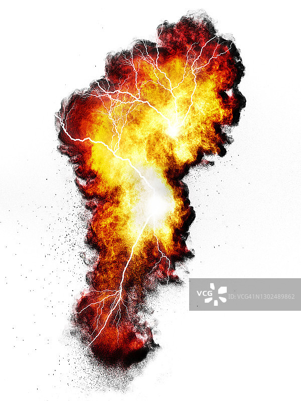 白色背景上带有闪电的烟雾和火焰的电爆炸图片素材