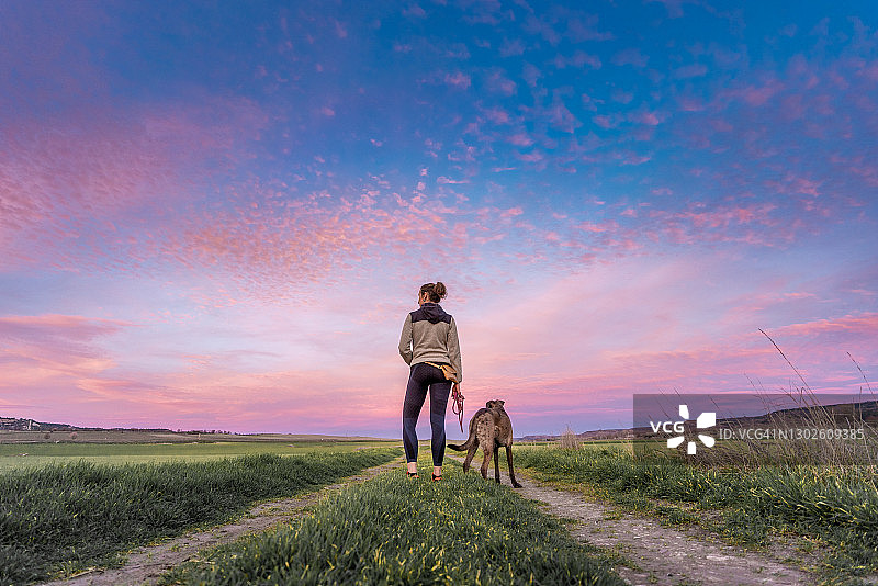 年轻女子和她的狗在乡村道路上看日落图片素材