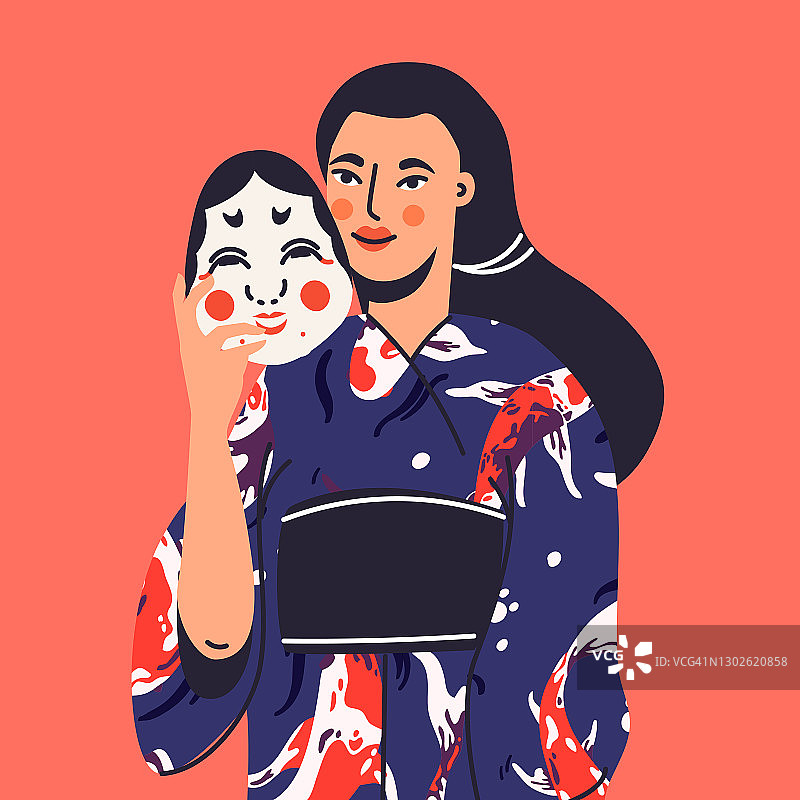 戴着阿龟面具的可爱女性角色扁平卡通插图。图片素材