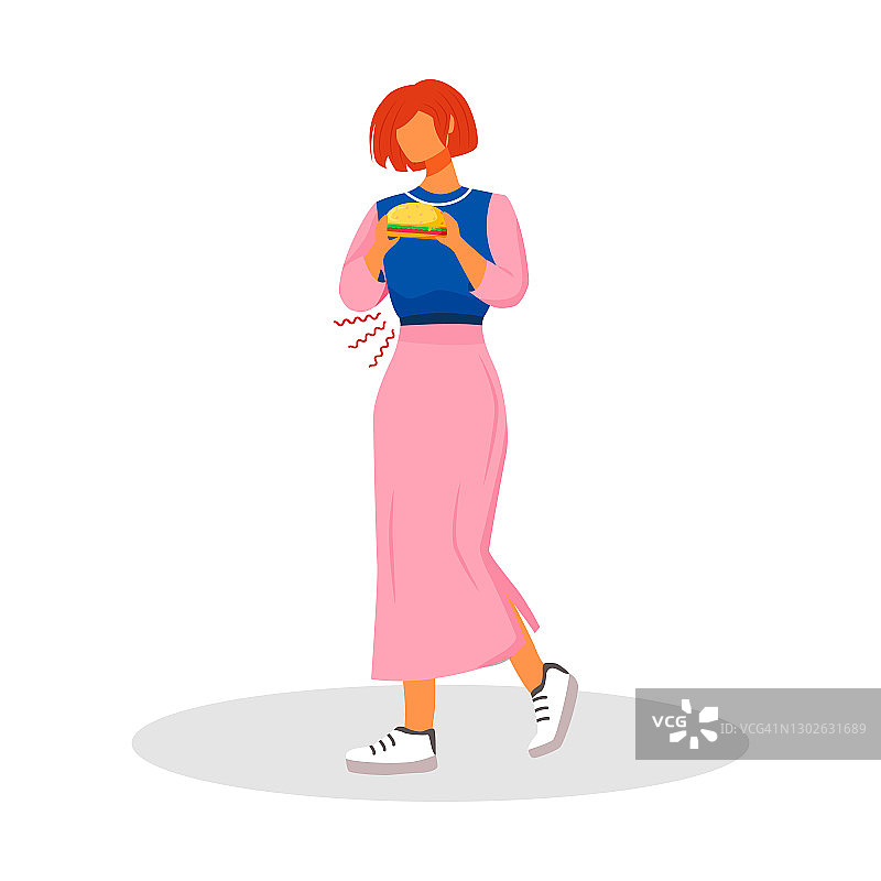 饥饿的扁平风格矢量无面人物：女人拿着汉堡，成年女性想吃东西，因饥饿而胃痛，不良饮食习惯，快餐修复，饥饿的孤立卡通插图图片素材