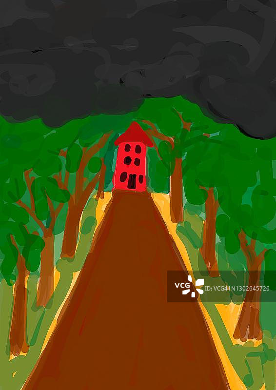 儿童画风格的奥地利房屋街道和雷雨云插画图片素材