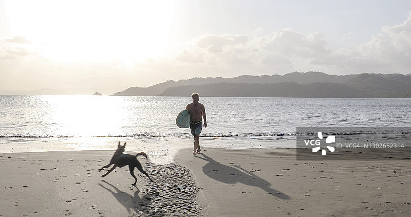日出时男人和狗在沙滩散步图片素材