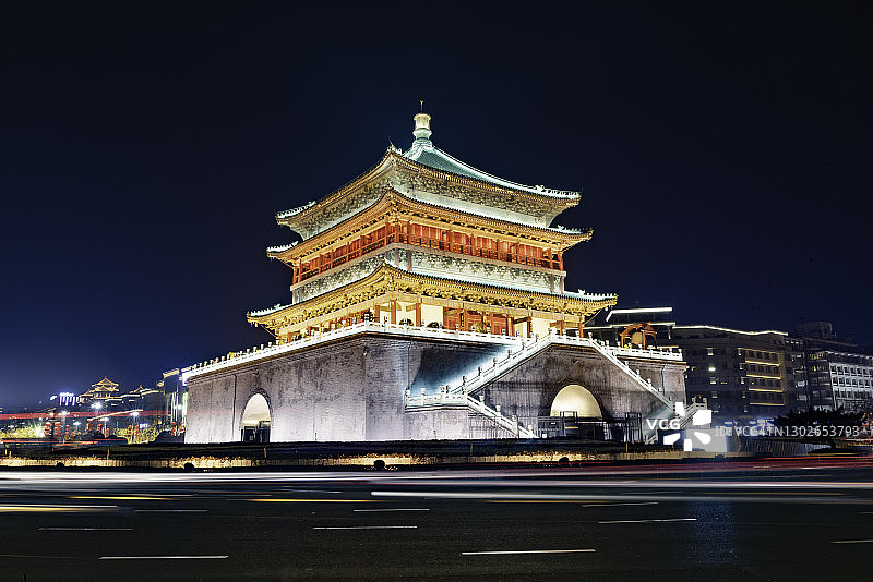 中国西安钟楼夜景图片素材