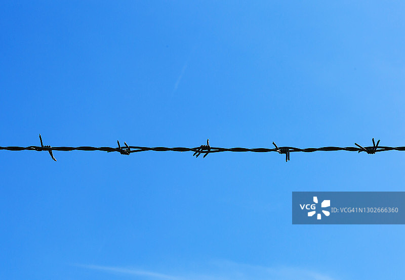 蓝天背景下的带刺铁丝网图片素材