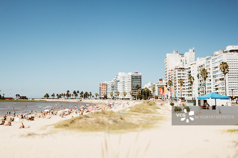 乌拉圭蒙得维的亚夏季天际线和波西托斯海滩景色图片素材