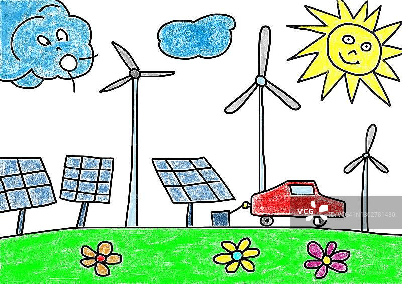儿童画风格的新能源汽车充电站插画，奥地利图片素材