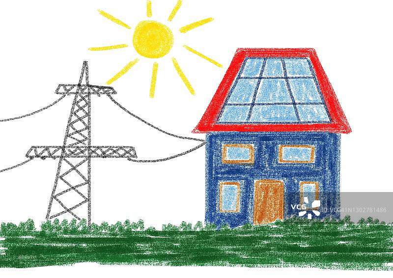 朴素风格儿童画：房屋屋顶光伏系统供电，太阳能电池板，奥地利图片素材