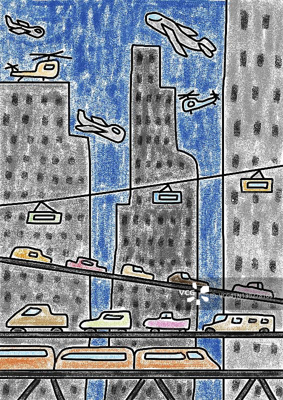 儿童画风格的奥地利城市景观，包含摩天大楼和各种交通工具图片素材