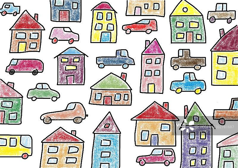 奥地利儿童绘画风格房屋汽车插画图片素材