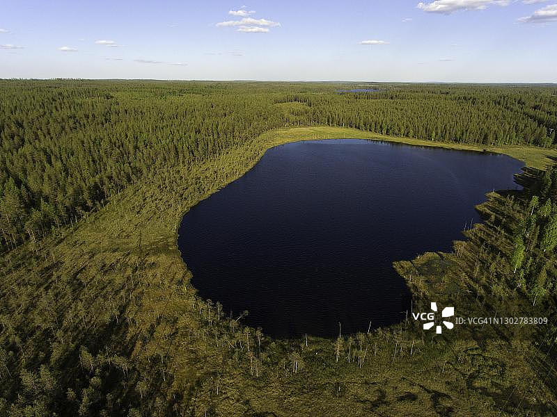 苏穆斯萨尔米附近的湖泊、沼泽和森林航拍，芬兰凯努区图片素材