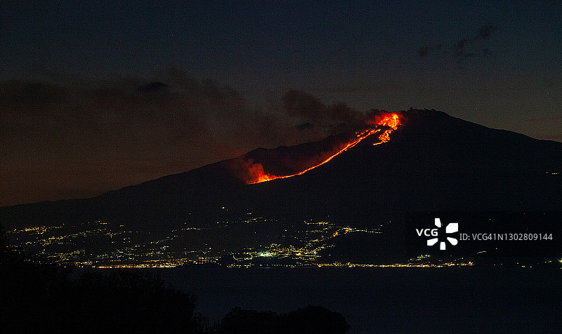 埃特纳火山在2021年2月16日的喷发，从卡拉布里亚雷焦拍摄图片素材