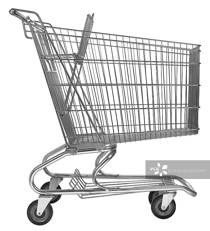 白色背景下的空金属购物车侧视图图片素材
