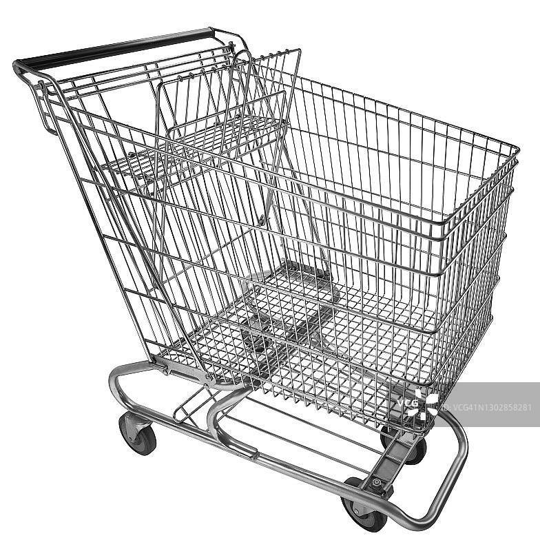 白色背景上的空购物车，四分之三俯视图图片素材