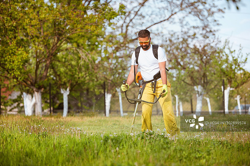 男子用汽油修剪机修剪浓密的草图片素材