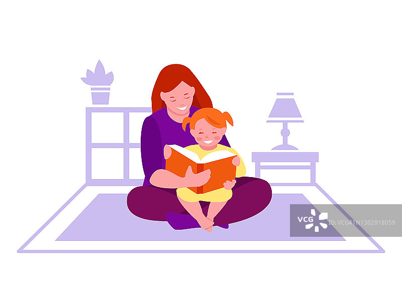 母亲在房间里给女儿读书，小女孩坐在她的腿上，扁平卡通风格矢量插画，白色背景图片素材