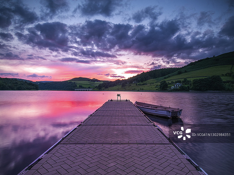 日落时分的Ladybower水库码头，英国峰区图片素材