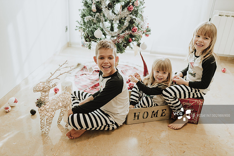 快乐的女孩和男孩在家装饰圣诞树图片素材