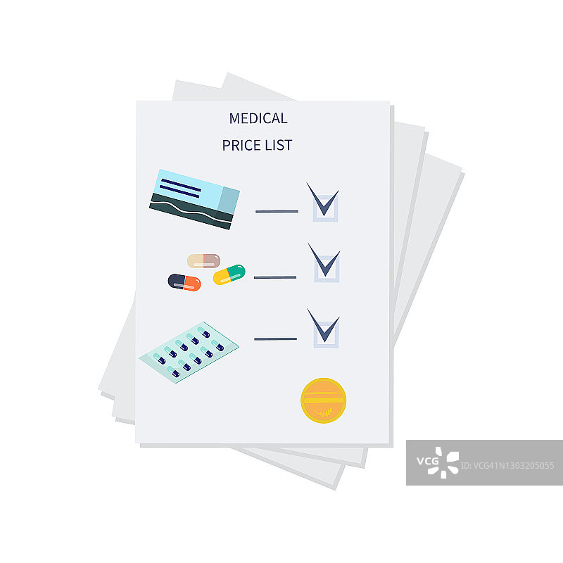 药品价格表发票或参考信息一套收费药品医疗保健药品药房和疫苗接种概念医疗文件扁平风格矢量图图片素材