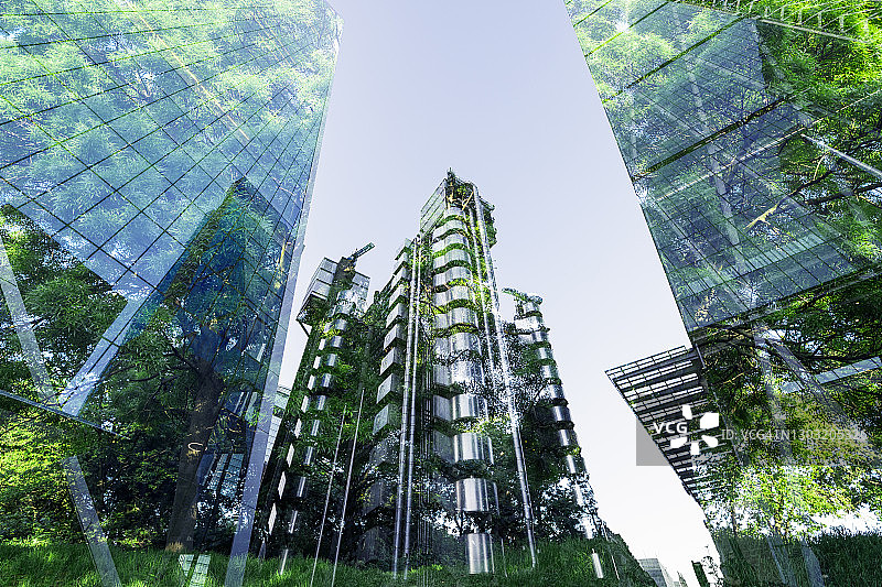 树木与建筑物的双重曝光图片素材