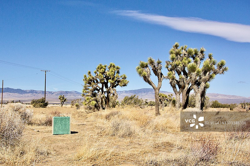 沙漠中的孤立复古手提箱图片素材