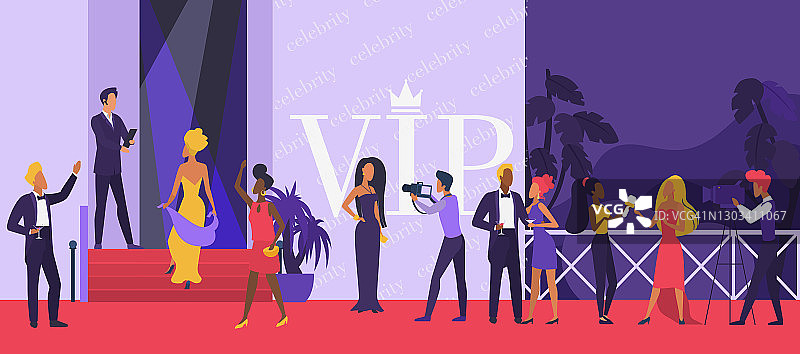 名人派对：好莱坞明星角色走动，贵宾人物摆姿势供摄影师拍照图片素材
