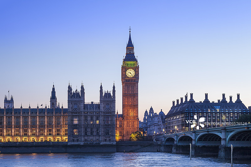 大本钟（伊丽莎白女王塔），议会大厦，联合国教科文组织世界遗产，威斯敏斯特桥，威斯敏斯特，伦敦，英国，欧洲图片素材
