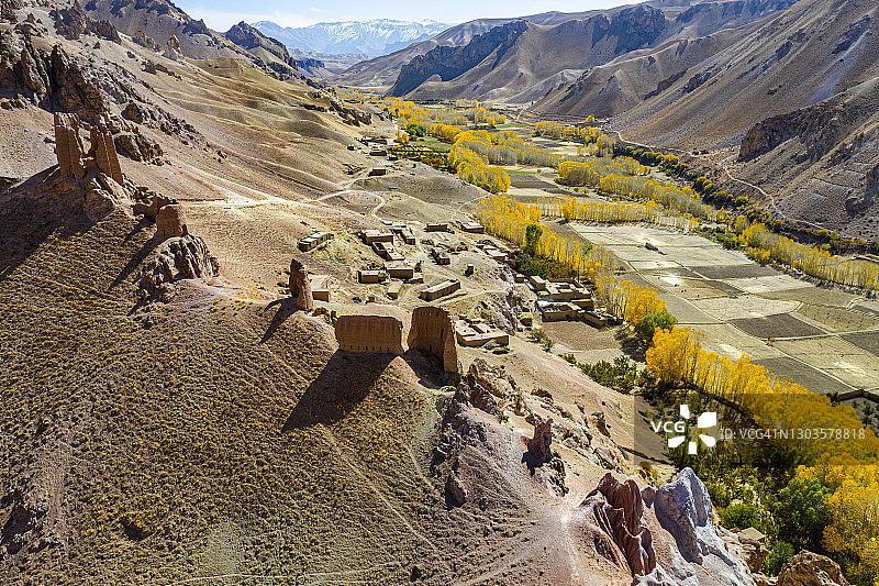 阿富汗巴米扬省雅卡乌朗戈哈吉恩堡无人机航拍，亚洲图片素材