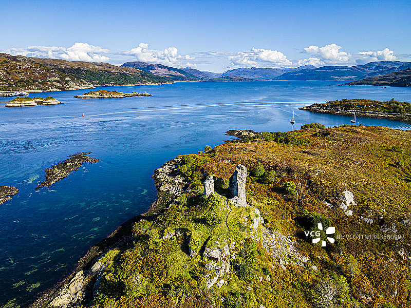 苏格兰斯凯岛凯尔金Caisteal Maol航拍，内赫布里底群岛，英国，欧洲图片素材