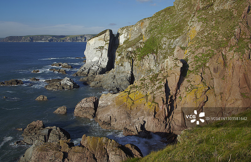平静夏日天气下，英国德文郡比格伯里海附近伯格岛的岩石海岸线图片素材