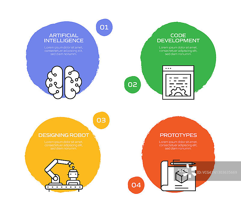 机器人工程相关过程信息图表模板。过程时间图。带有线性图标的工作流布局图片素材