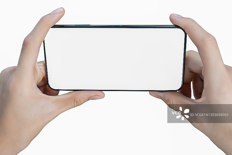 女人手持智能手机特写，白色背景图片素材