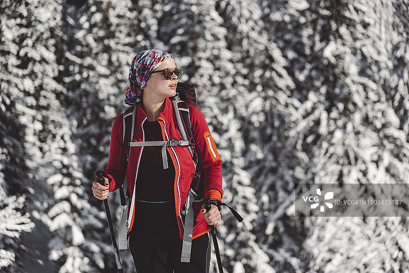 在阳光明媚的冬日，穿着红色夹克的女登山者在徒步旅行图片素材
