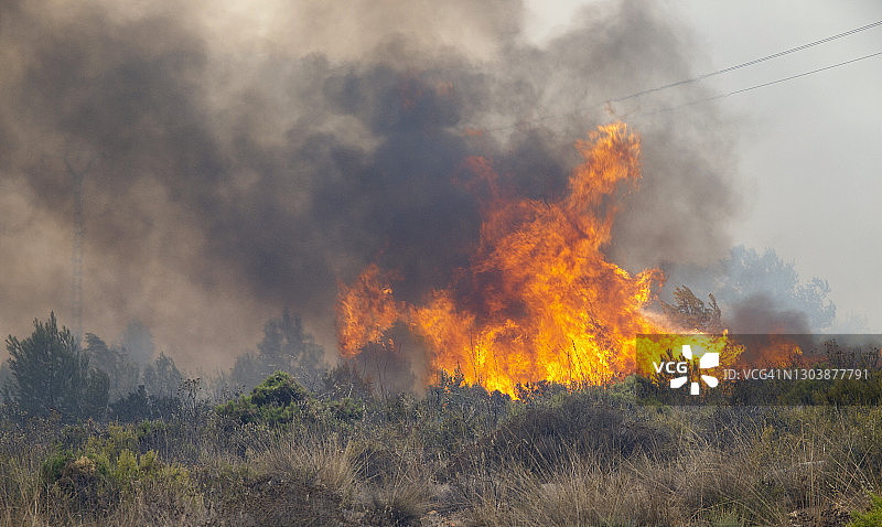 山上的森林火灾产生的火焰和烟雾图片素材