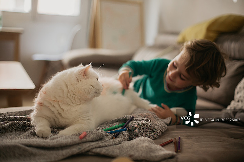 男孩在画猫，猫看着他图片素材