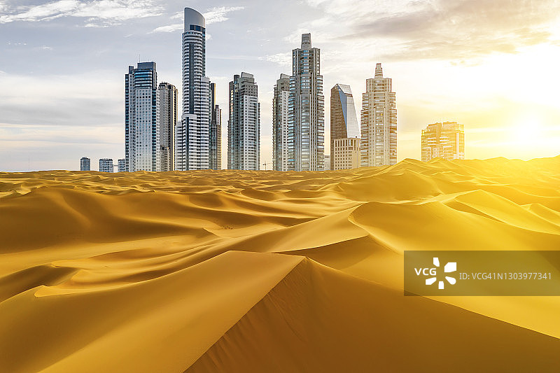 沙漠中的摩天大楼：全球化与全球变暖的概念图片素材