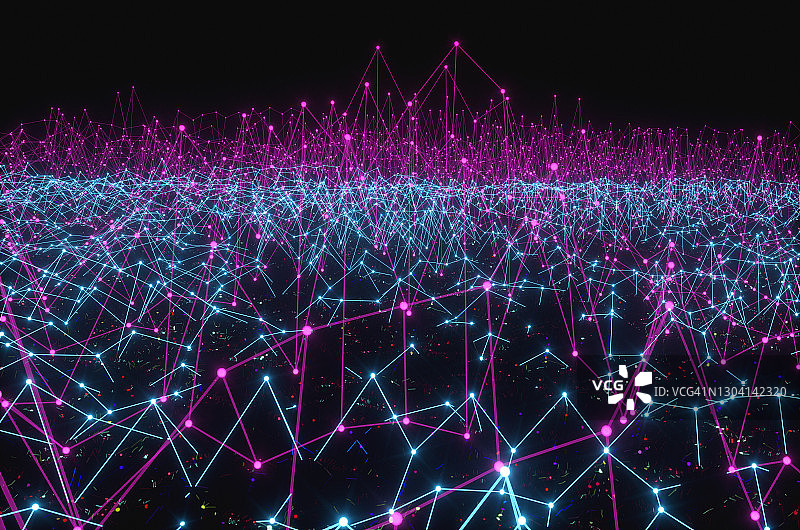 黑色液体上由多边形线条构成的人工智能原子阵列图片素材