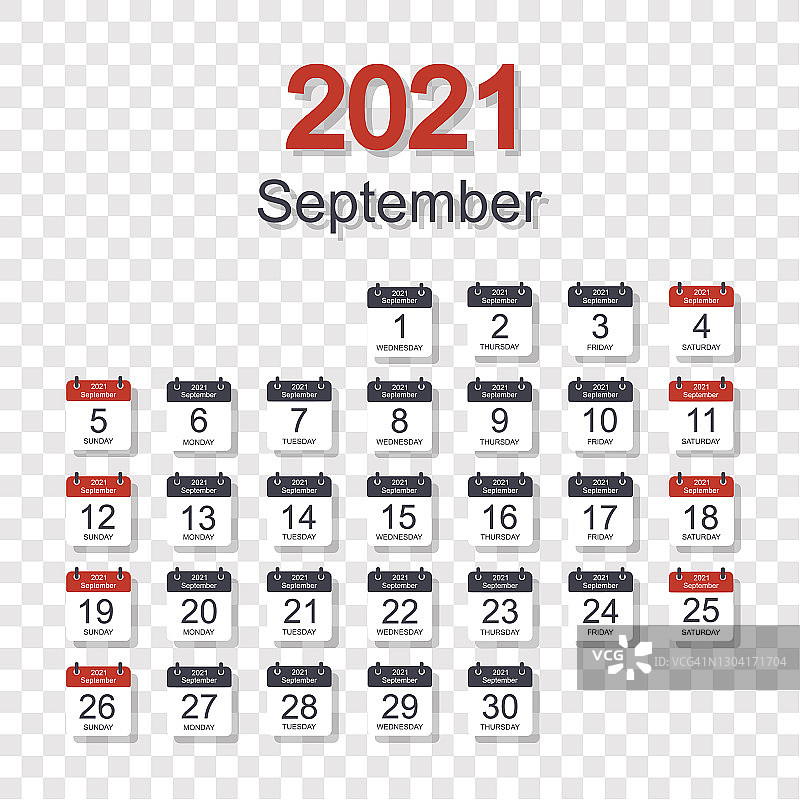 2021年9月每日日期月历模板，透明背景，周日起始，扁平风格图片素材