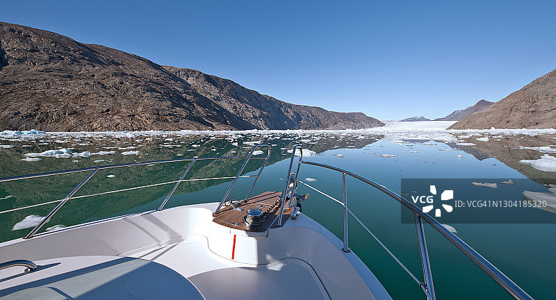 小型摩托艇在格陵兰峡湾的冰山中航行图片素材