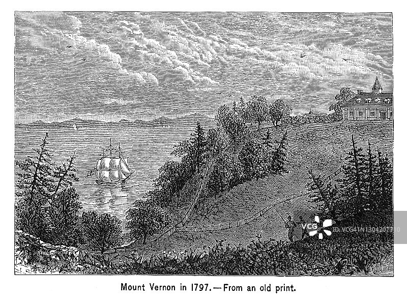 1797年弗农山古董插画，美国地标和乔治·华盛顿的前种植园图片素材